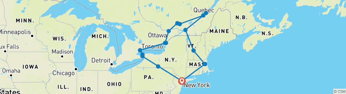 Image of a map showing the route of the tour