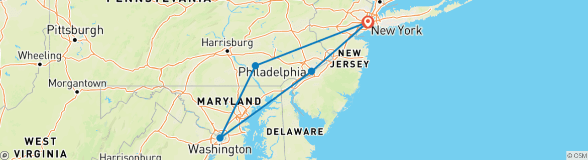Image of a map showing the route of the tour
