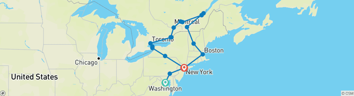 Carte du circuit Washington, NY, avec les Capites Canadienses, fin de l'étape à New York (19 destinations)