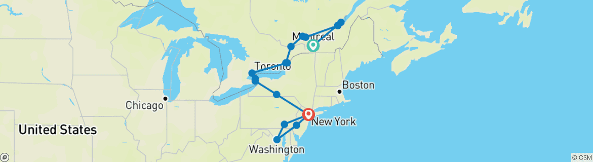 Image of a map showing the route of the tour