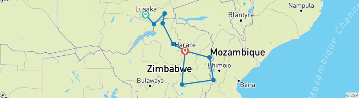 Image of a map showing the route of the tour