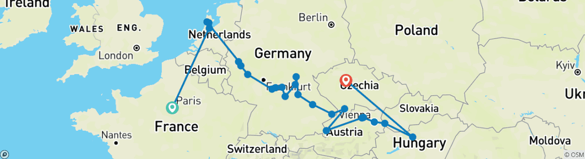 Image of a map showing the route of the tour