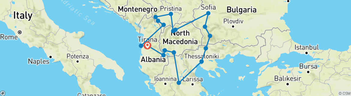 Image of a map showing the route of the tour