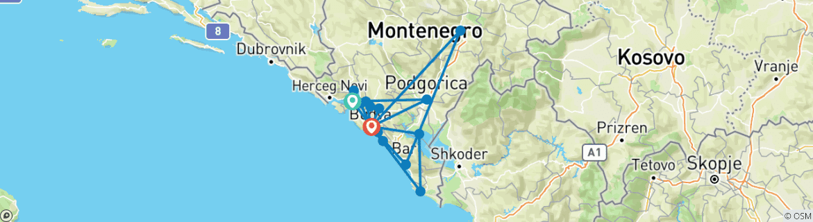 Image of a map showing the route of the tour