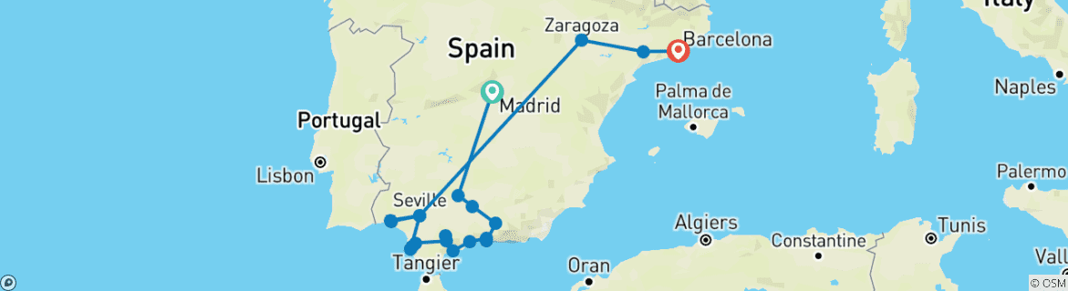 Carte du circuit L'ultime Andalousie, qui se termine à Barcelone