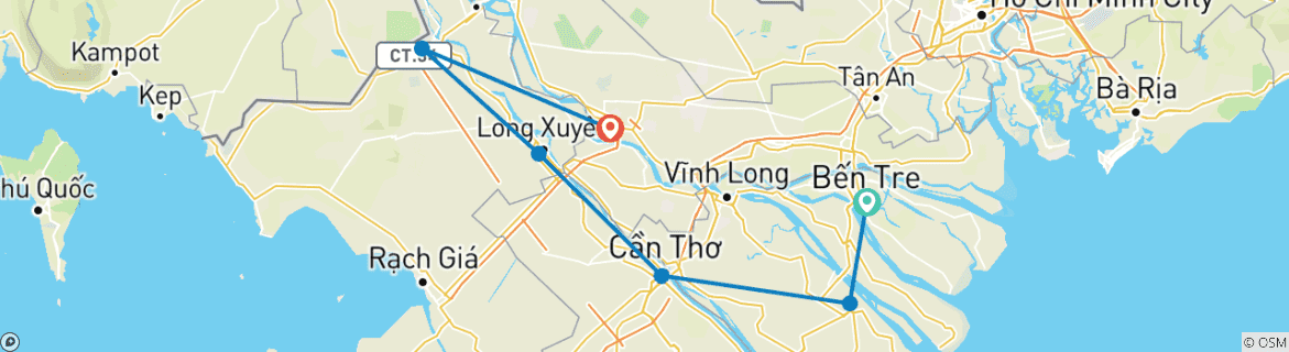 Image of a map showing the route of the tour
