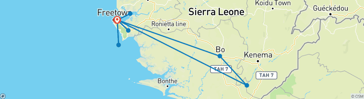 Image of a map showing the route of the tour