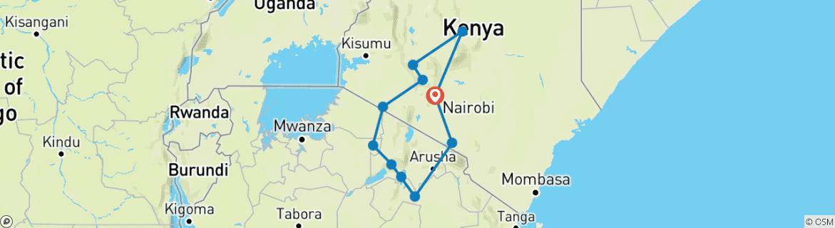 Image of a map showing the route of the tour