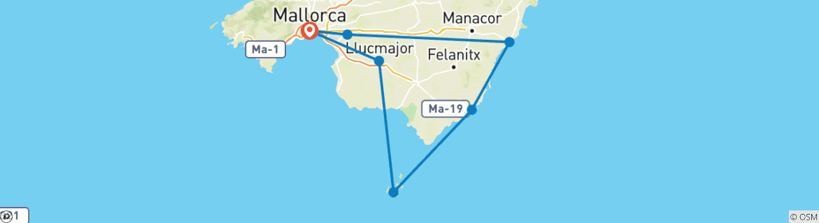 Image of a map showing the route of the tour