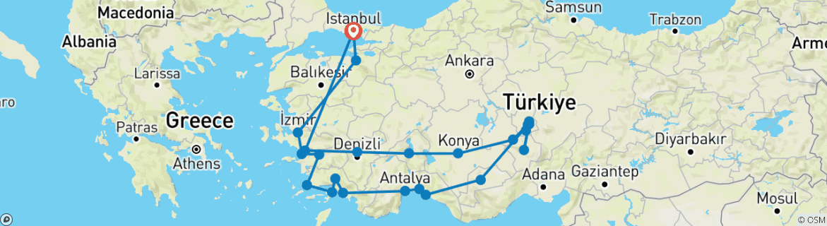 Image of a map showing the route of the tour