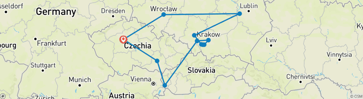 Carte du circuit Les incontournables de la République tchèque et de la Pologne, avec une arrivée à Prague (12 destinations)