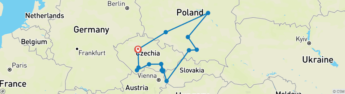 Carte du circuit La Tchéquie et l'essentiel de la Pologne (16 destinations)