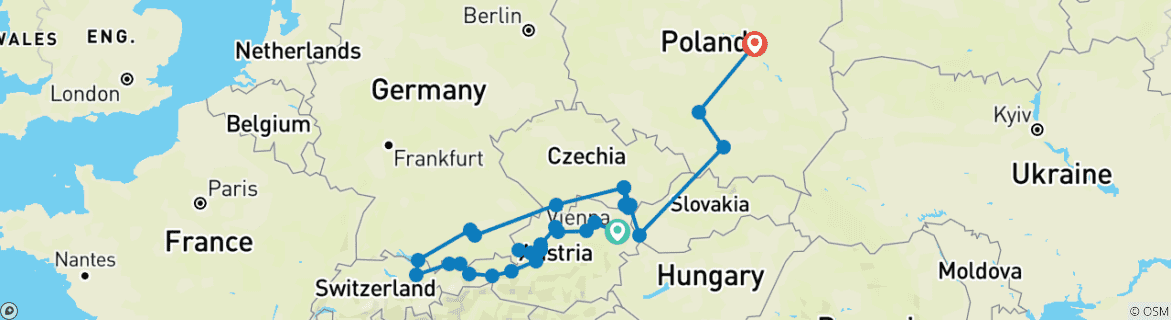 Carte du circuit L'Autriche, la Moravie et une Pologne unique (33 destinations)