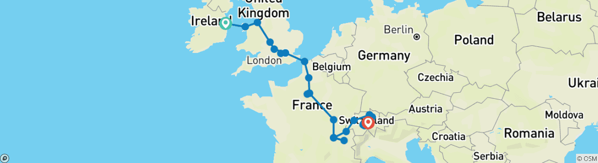 Image of a map showing the route of the tour