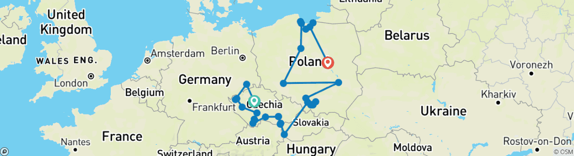 Carte du circuit Les joyaux de la République tchèque et la Pologne dans son intégralité (32 destinations)