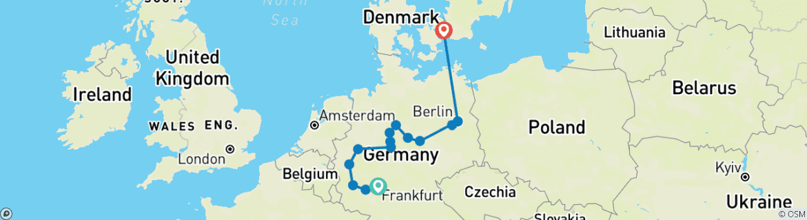 Image of a map showing the route of the tour