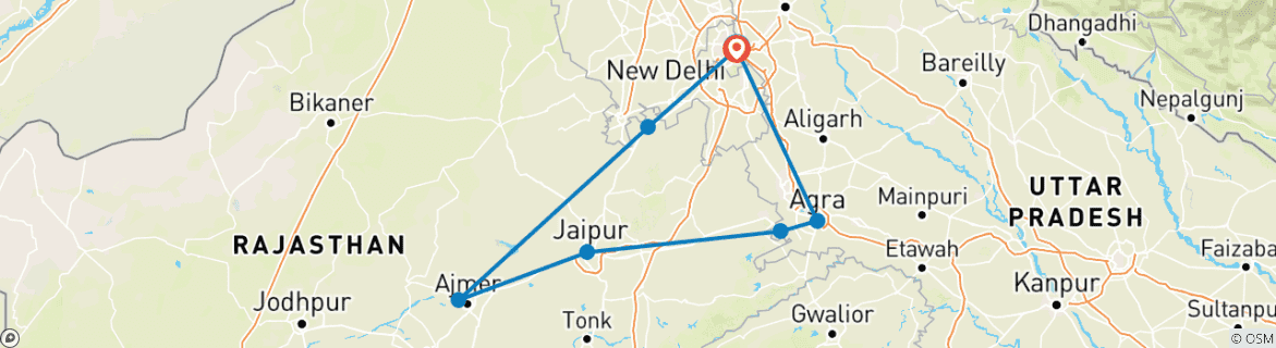 Image of a map showing the route of the tour