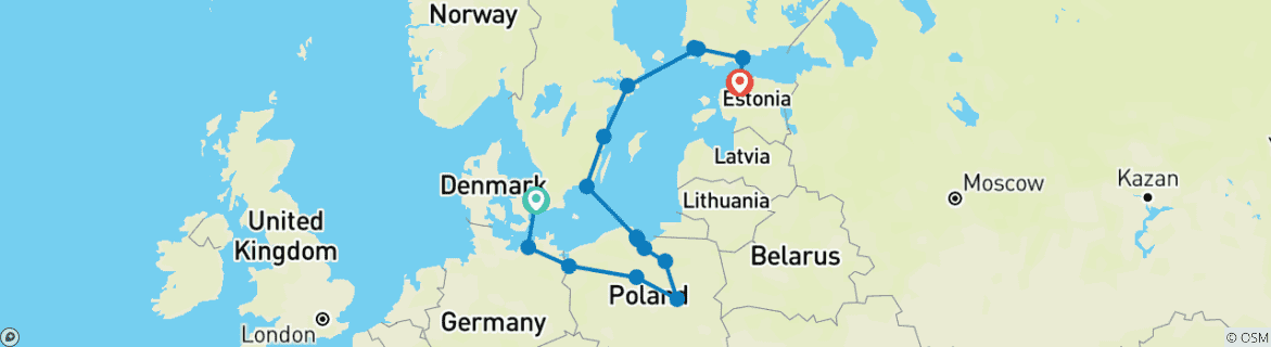 Image of a map showing the route of the tour