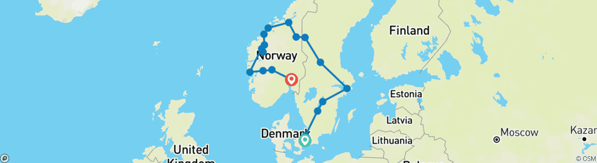 Image of a map showing the route of the tour