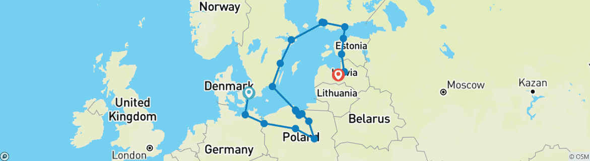 Image of a map showing the route of the tour