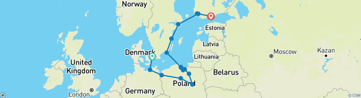 Image of a map showing the route of the tour