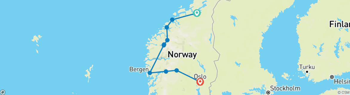 Carte du circuit La belle Norvège, fin à Oslo