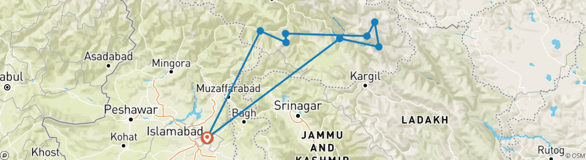 Image of a map showing the route of the tour