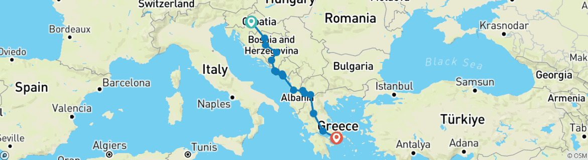 Image of a map showing the route of the tour
