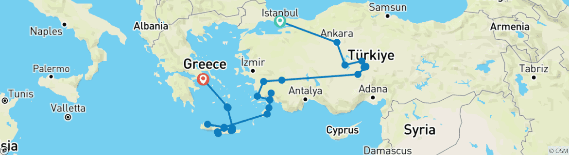 Image of a map showing the route of the tour