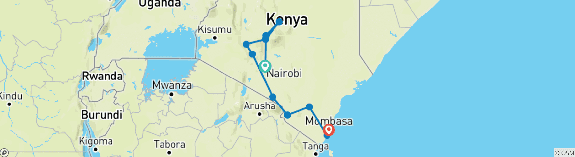 Image of a map showing the route of the tour