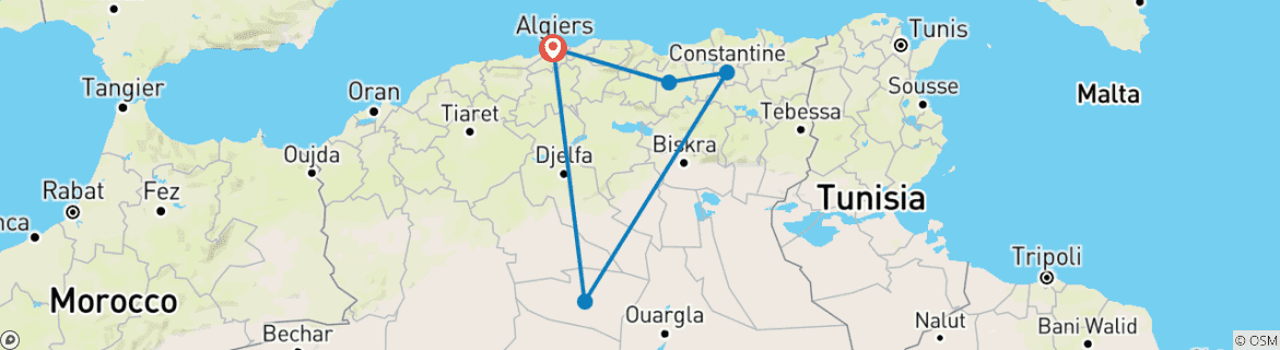 Image of a map showing the route of the tour