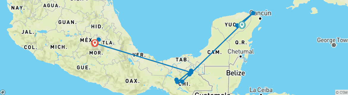 Image of a map showing the route of the tour