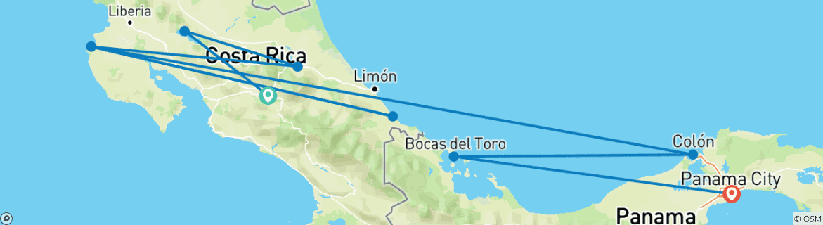 Carte du circuit Costa Rica et Panama : San José, Arenal, Tortuguero, Bocas del Toro – 13 jours