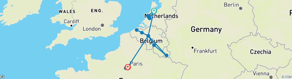 Image of a map showing the route of the tour