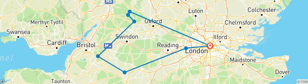 Image of a map showing the route of the tour
