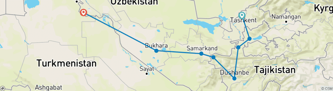 Image of a map showing the route of the tour