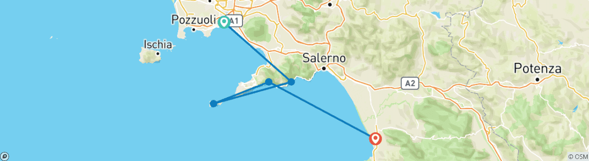Carte du circuit De Naples à la côte amalfitaine : un voyage de 7 jours à bord d'une goélette vers Capri et Positano