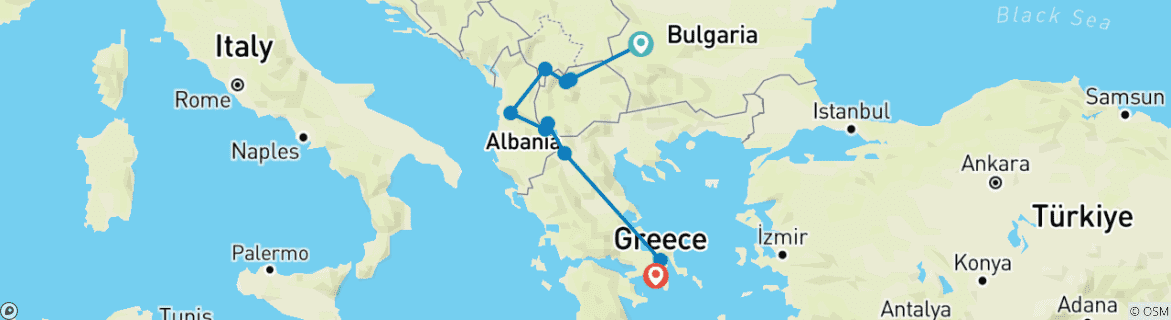 Mapa de 9 días: de los tesoros de los Balcanes a las maravillas de Grecia: una aventura inolvidable por 7 ciudades