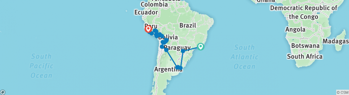 Image of a map showing the route of the tour