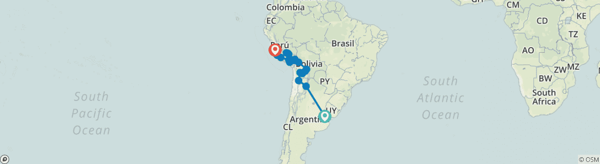 Image of a map showing the route of the tour