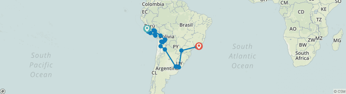Image of a map showing the route of the tour