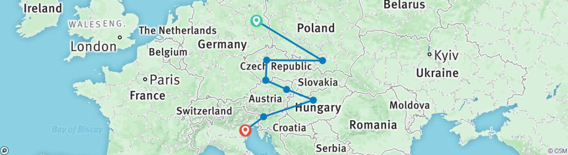 Image of a map showing the route of the tour