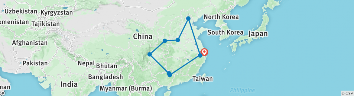 Image of a map showing the route of the tour
