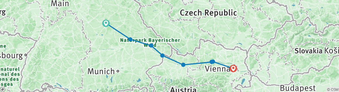 Image of a map showing the route of the tour