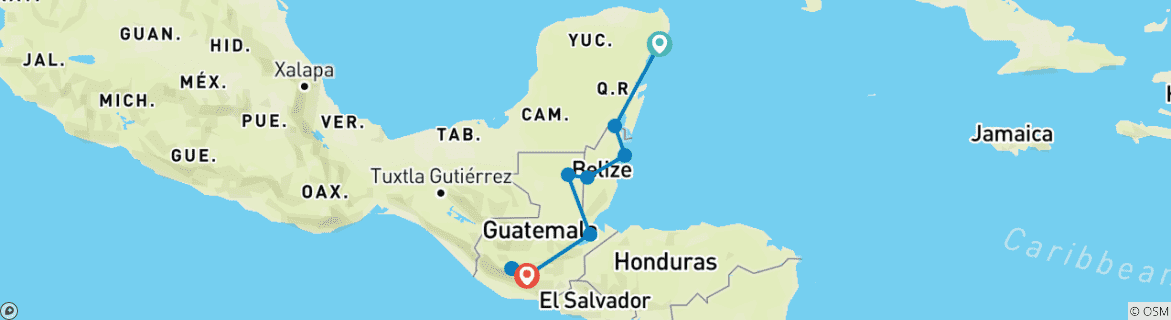 Image of a map showing the route of the tour