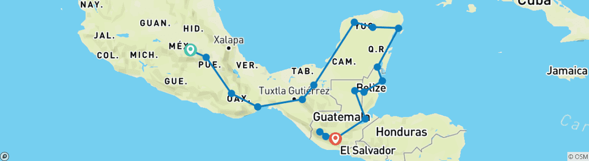 Image of a map showing the route of the tour