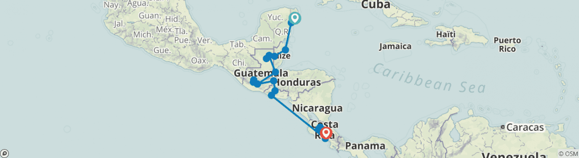 Image of a map showing the route of the tour