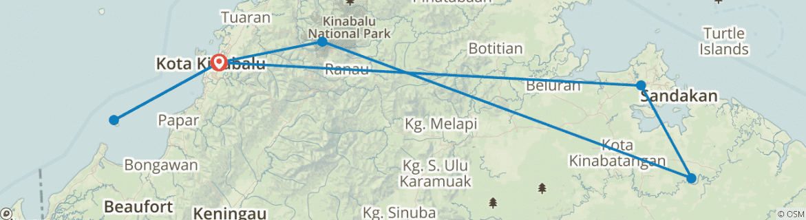 Image of a map showing the route of the tour