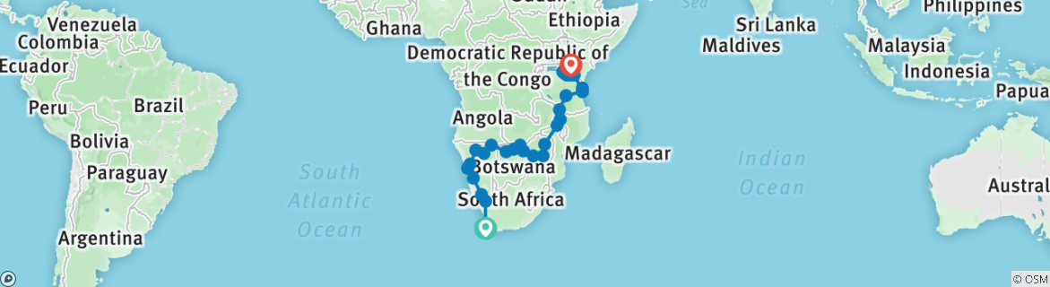 Image of a map showing the route of the tour