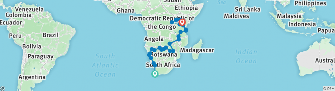Image of a map showing the route of the tour